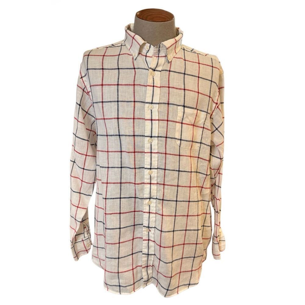 Cremieux Collection Men’s 100% Linen Button Down Shirt Red White Blue Plaid XL